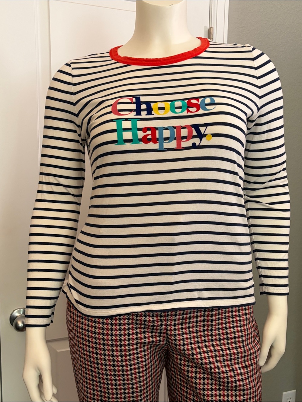 Boden Striped "Choose Happy" Crewneck Top in Navy, White & Red Trim